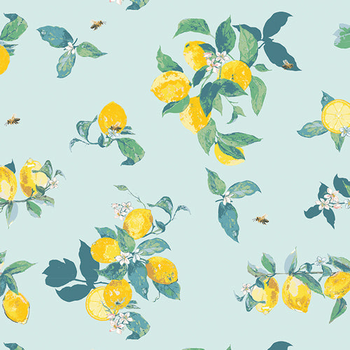 turquoise background with yellow lemons