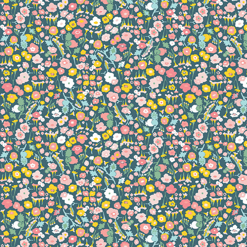 dark green background with yellow, pink, and turquoise florals