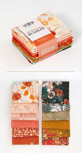 Gratitude Bundle with orange, pink, green and cream botanical prints. 12 fat quarters