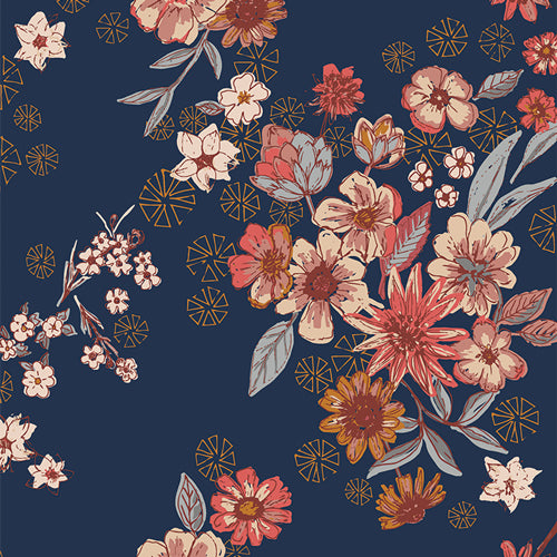 blue, red, and pink floral fabric
