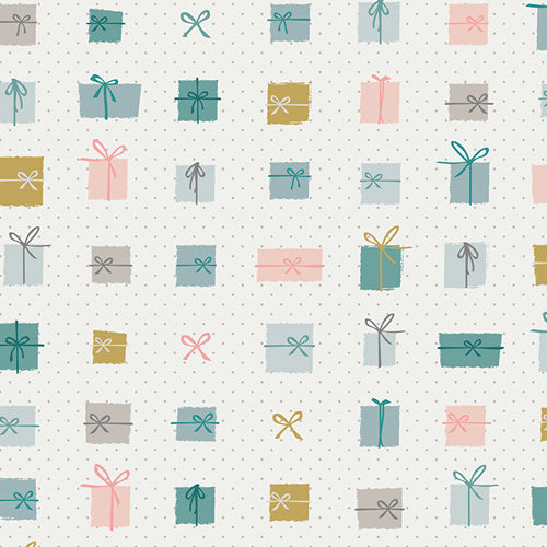 cream background fabric with gray polka dots and wrapped presents that are pink, gold, light blue, and teal, and gray